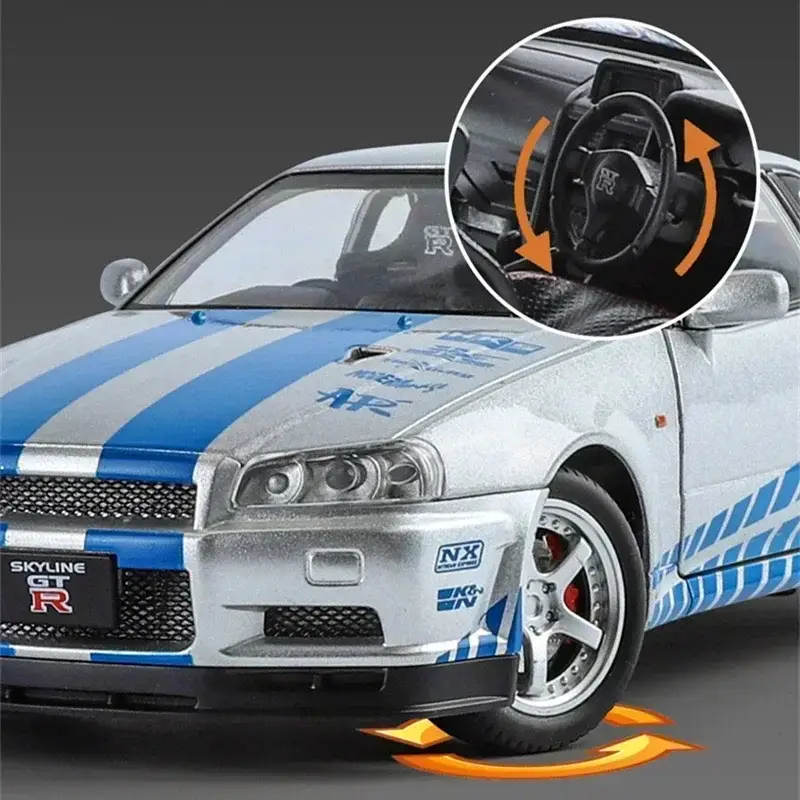 Nissan Skyline GTR R34 1:24 Model Samochodu Metalowy Dźwięk i Światło