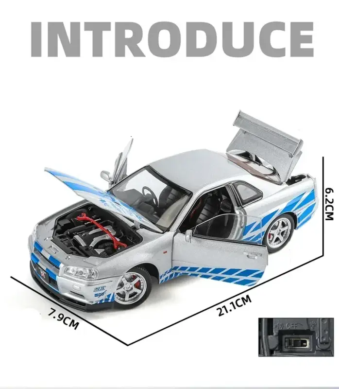 Nissan Skyline GTR R34 1:24 Model Samochodu Metalowy Dźwięk i Światło