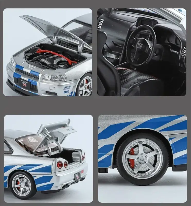 Nissan Skyline GTR R34 1:24 Model Samochodu Metalowy Dźwięk i Światło
