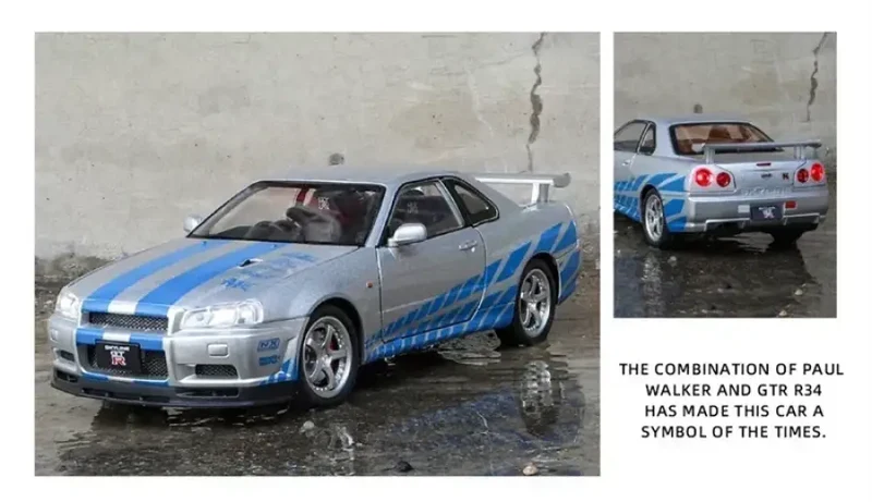 Nissan Skyline GTR R34 1:24 Model Samochodu Metalowy Dźwięk i Światło