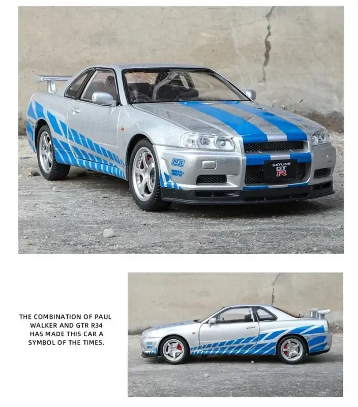 Nissan Skyline GTR R34 1:24 Model Samochodu Metalowy Dźwięk i Światło