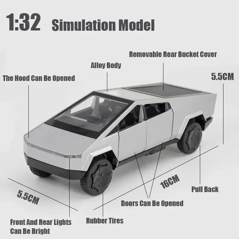 Tesla Cybertruck 1:32 Model Samochodu Metalowy Dźwięk i Światło