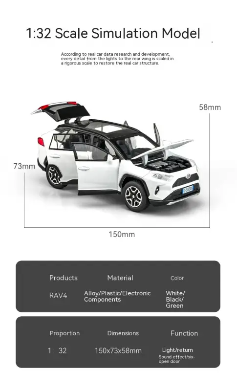 Toyota RAV4 1:32 Model Samochodu Metalowy Dźwięk i Światło
