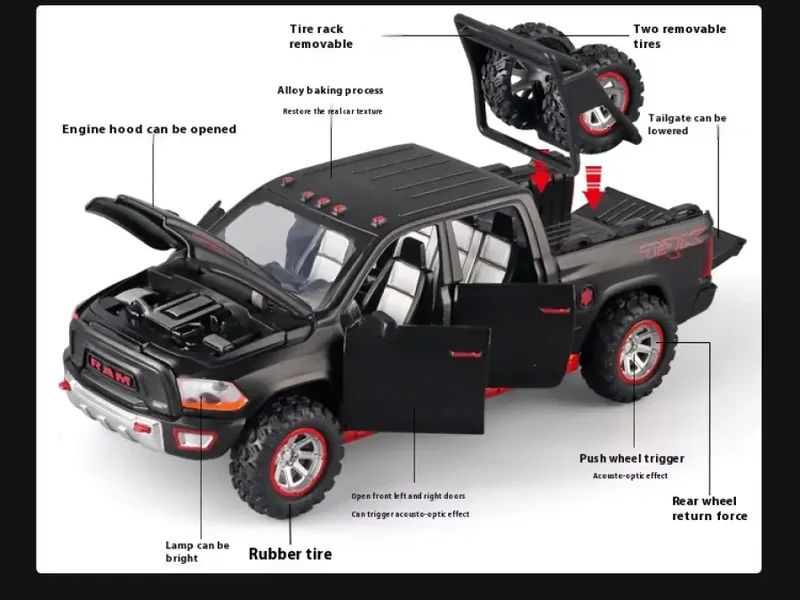 RAM Pickup Truck 1:32 Model Samochodu Metalowy Dźwięk i Światło