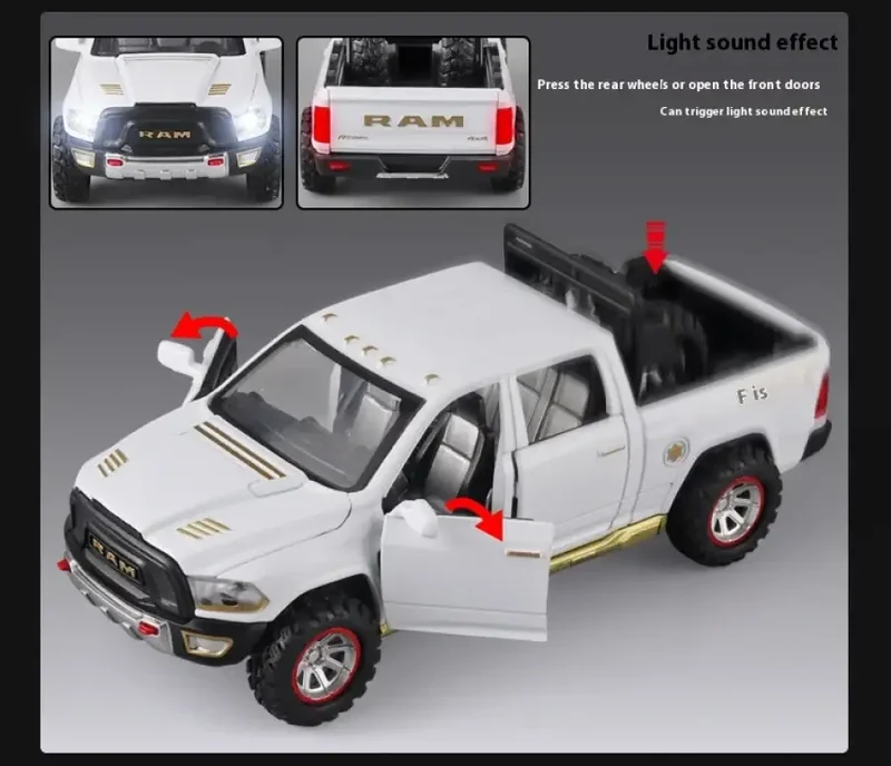 RAM Pickup Truck 1:32 Model Samochodu Metalowy Dźwięk i Światło