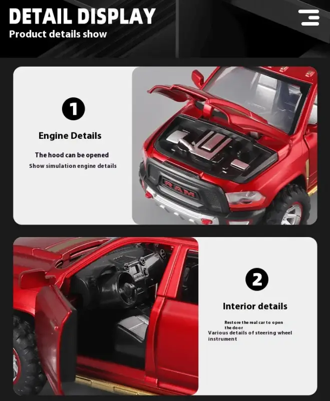 RAM Pickup Truck 1:32 Model Samochodu Metalowy Dźwięk i Światło