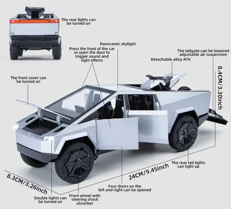 Tesla Cybertruck 1:24 Model Samochodu Metalowy Dźwięk i Światło