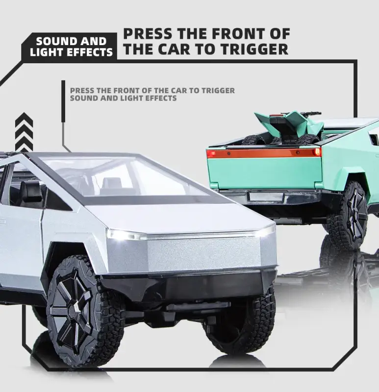 Tesla Cybertruck 1:24 Model Samochodu Metalowy Dźwięk i Światło