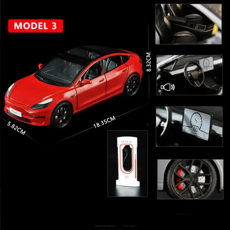 Tesla Model 3 1:24 Model Samochodu Metalowy Dźwięk i Światło