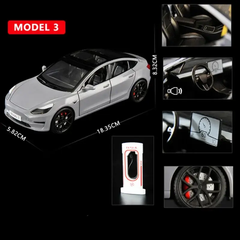 Tesla Model 3 1:24 Model Samochodu Metalowy Dźwięk i Światło