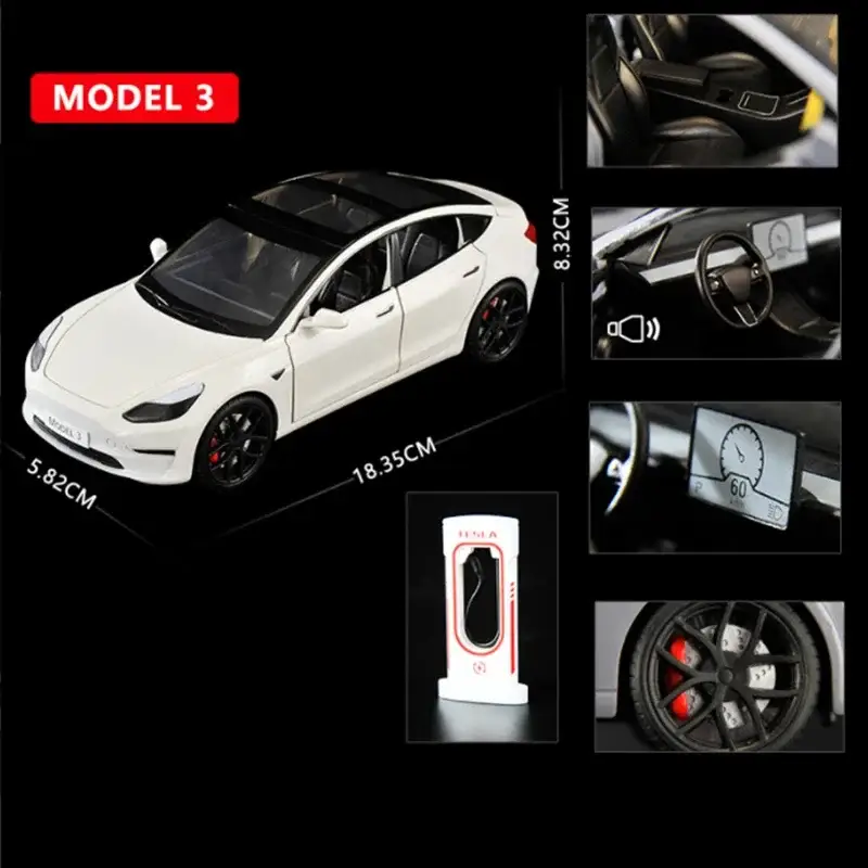 Tesla Model 3 1:24 Model Samochodu Metalowy Dźwięk i Światło