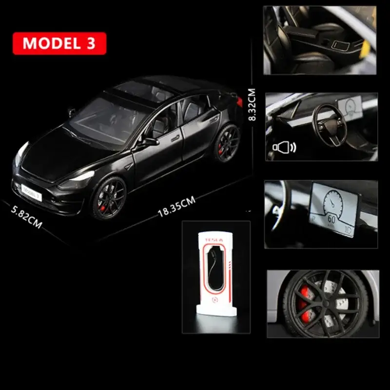 Tesla Model 3 1:24 Model Samochodu Metalowy Dźwięk i Światło