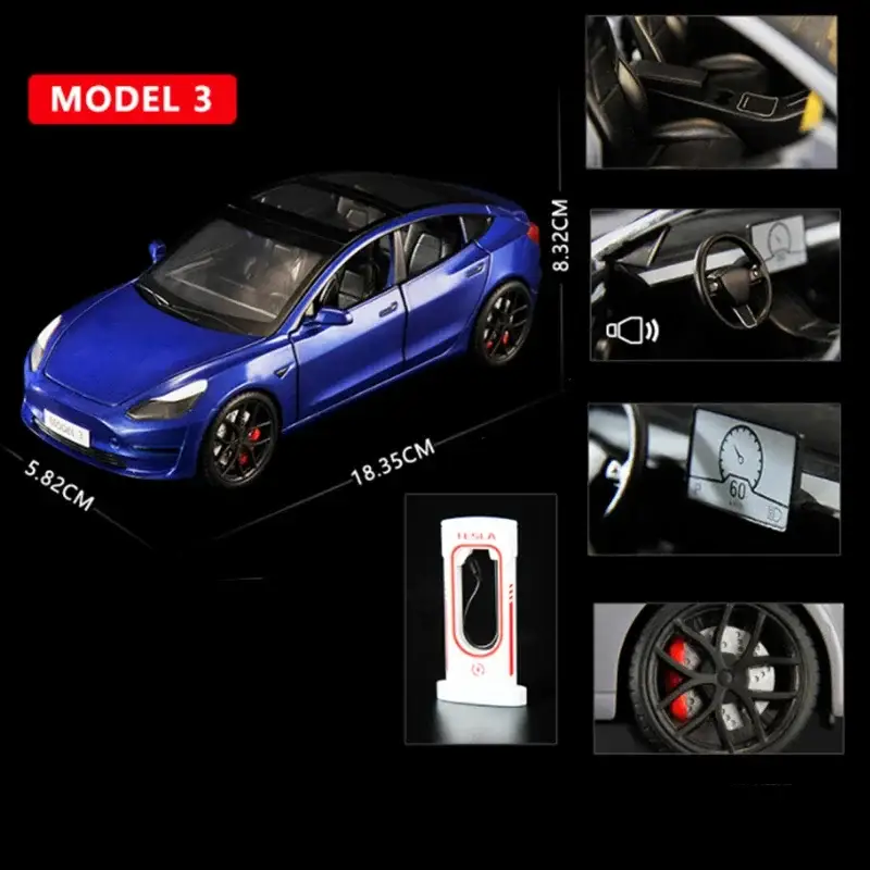 Tesla Model 3 1:24 Model Samochodu Metalowy Dźwięk i Światło