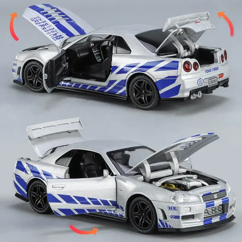Nissan GTR R34 Skyline 1:32 Model Samochodu Metalowy Dźwięk i Światło