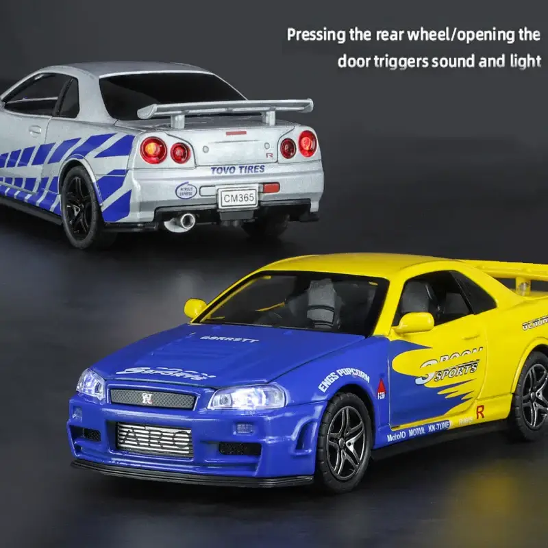 Nissan GTR R34 Skyline 1:32 Model Samochodu Metalowy Dźwięk i Światło
