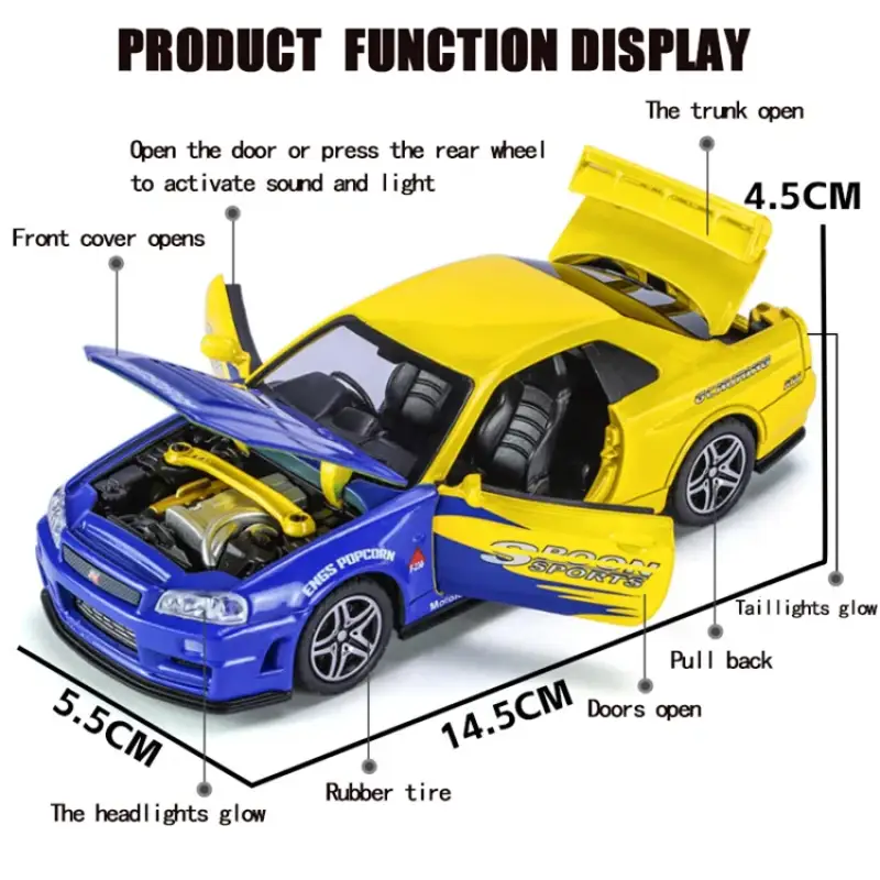 Nissan GTR R34 Skyline 1:32 Model Samochodu Metalowy Dźwięk i Światło
