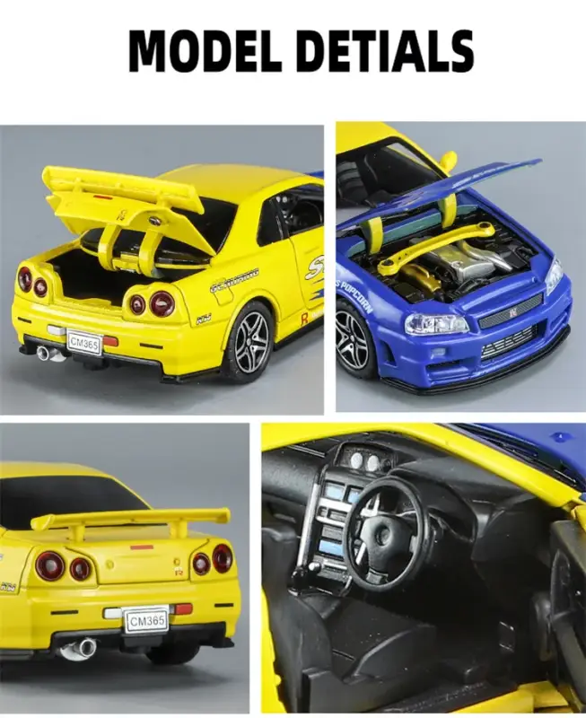 Nissan GTR R34 Skyline 1:32 Model Samochodu Metalowy Dźwięk i Światło
