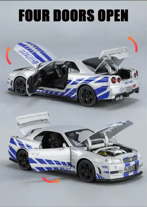 Nissan GTR R34 Skyline 1:32 Model Samochodu Metalowy Dźwięk i Światło