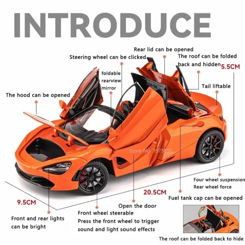 McLaren 720S 1:24 Model Samochodu Metalowy Dźwięk i Światło