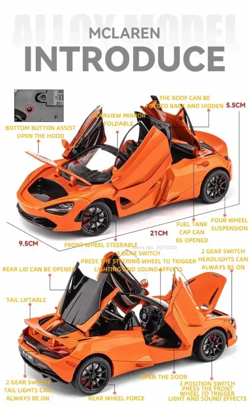 McLaren 720S 1:24 Model Samochodu Metalowy Dźwięk i Światło