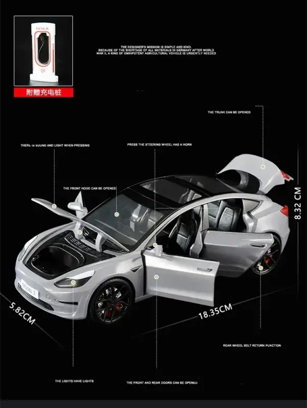 Tesla Model 3 Model Y 1:24 Model Samochodu Metalowy Dźwięk i Światło