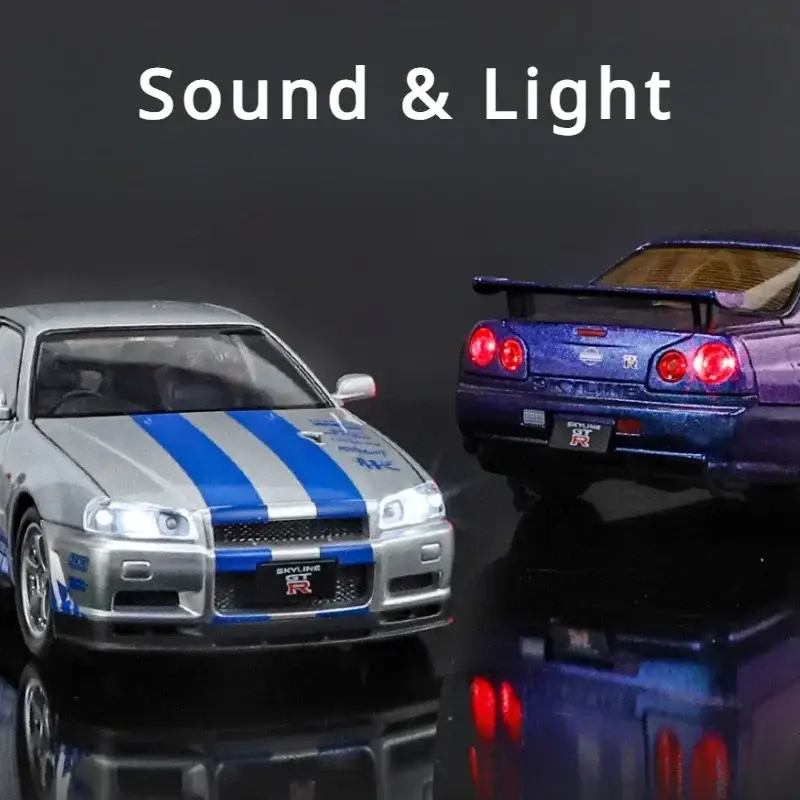 Nissan GTR R34 JDM 1:24 Model Samochodu Metalowy Dźwięk i Światło