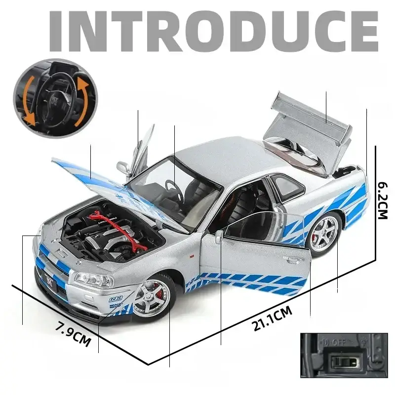 Nissan GTR R34 JDM 1:24 Model Samochodu Metalowy Dźwięk i Światło