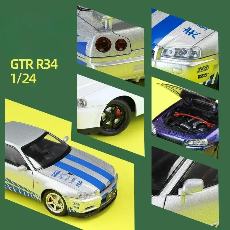 Nissan GTR R34 JDM 1:24 Model Samochodu Metalowy Dźwięk i Światło