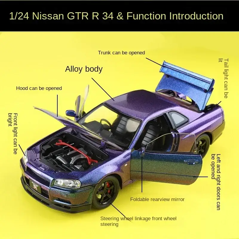 Nissan GTR R34 JDM 1:24 Model Samochodu Metalowy Dźwięk i Światło