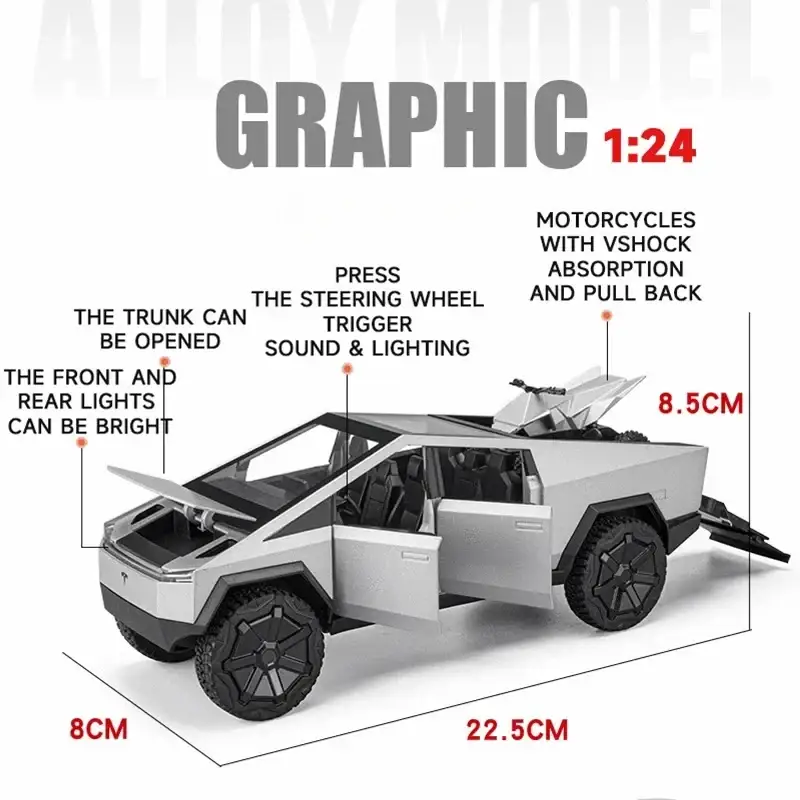 Tesla Cybertruck 1:24 Model Samochodu Metalowy