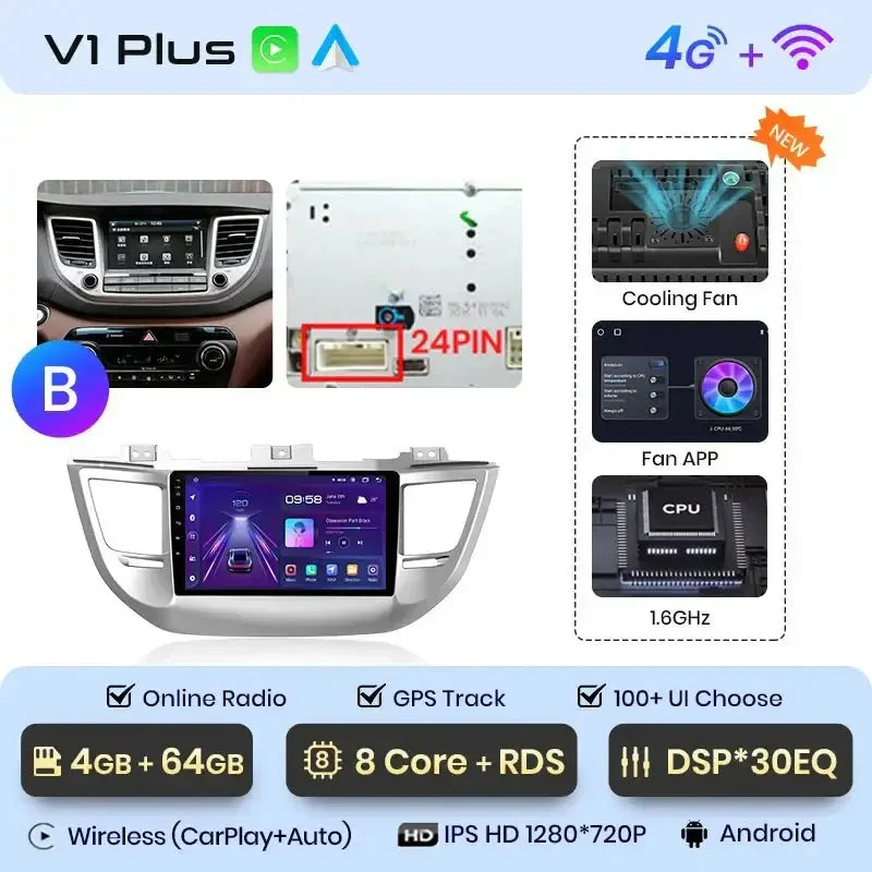 Radio Android do Hyundai ix35 Tucson (2015-2018) CarPlay Android Auto 4G WiFi GPS DSP