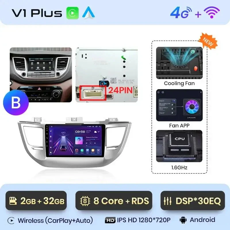 Radio Android do Hyundai ix35 Tucson (2015-2018) CarPlay Android Auto 4G WiFi GPS DSP