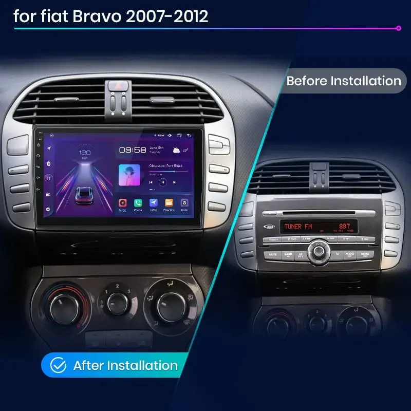 Radio Android do Fiat Bravo (2007-2012) CarPlay Android Auto 4G WiFi GPS DSP
