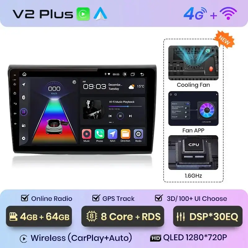 Radio Android do Fiat Bravo (2007-2012) CarPlay Android Auto 4G WiFi GPS DSP