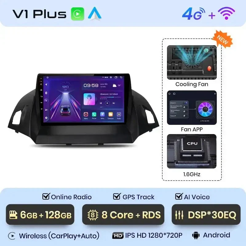 Radio Android do Ford Escape Kuga II C-MAX (2013-2016) CarPlay Android Auto 4G WiFi GPS DSP