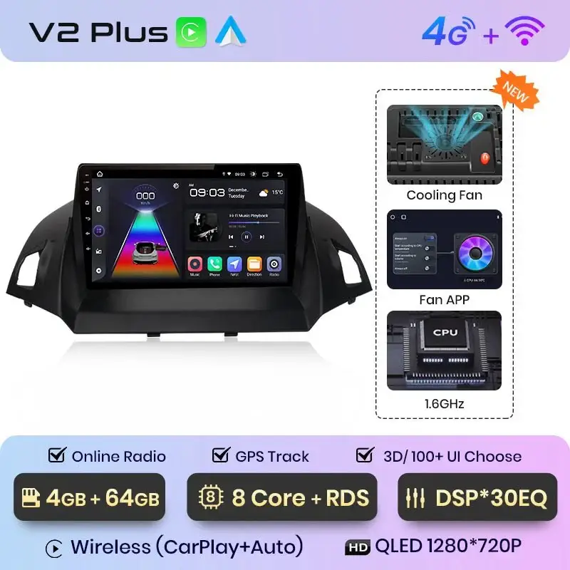 Radio Android do Ford Escape Kuga II C-MAX (2013-2016) CarPlay Android Auto 4G WiFi GPS DSP