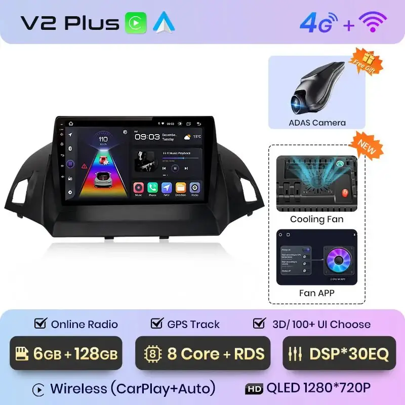 Radio Android do Ford Escape Kuga II C-MAX (2013-2016) CarPlay Android Auto 4G WiFi GPS DSP