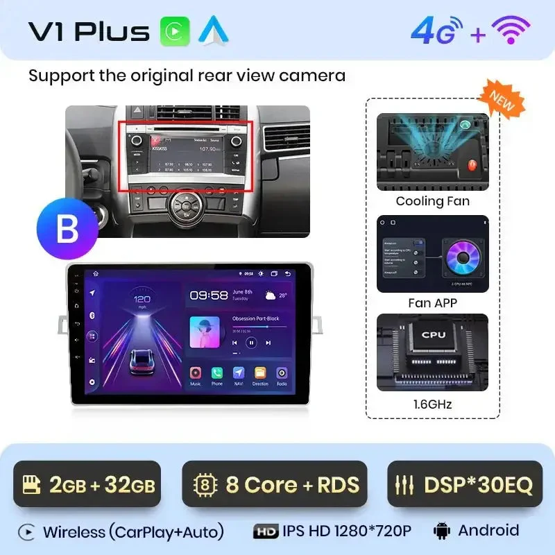 Radio Android do Toyota Verso R20 (2009-2018) CarPlay Android Auto 4G WiFi GPS DSP