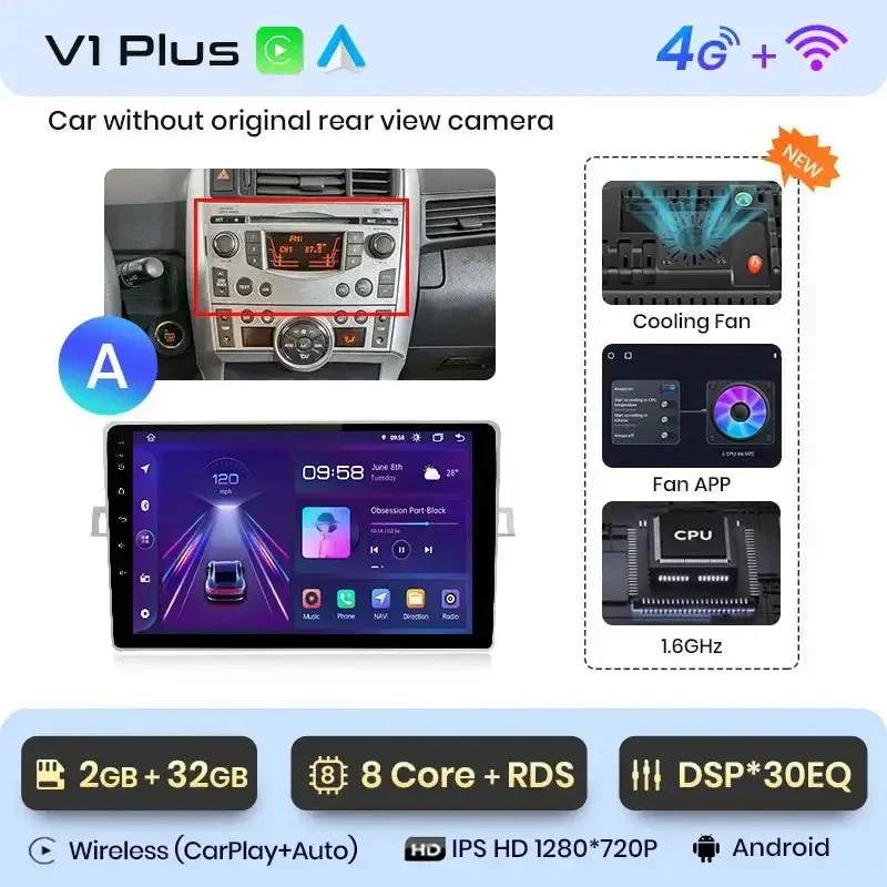 Radio Android do Toyota Verso R20 (2009-2018) CarPlay Android Auto 4G WiFi GPS DSP