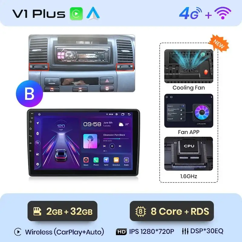 Radio Android do Toyota Corolla E120 E130 (2000-2004) CarPlay Android Auto 4G WiFi GPS DSP