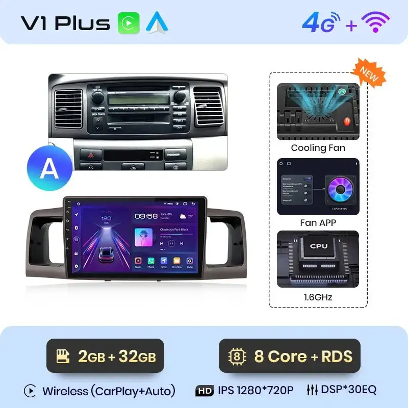 Radio Android do Toyota Corolla E120 E130 (2000-2004) CarPlay Android Auto 4G WiFi GPS DSP