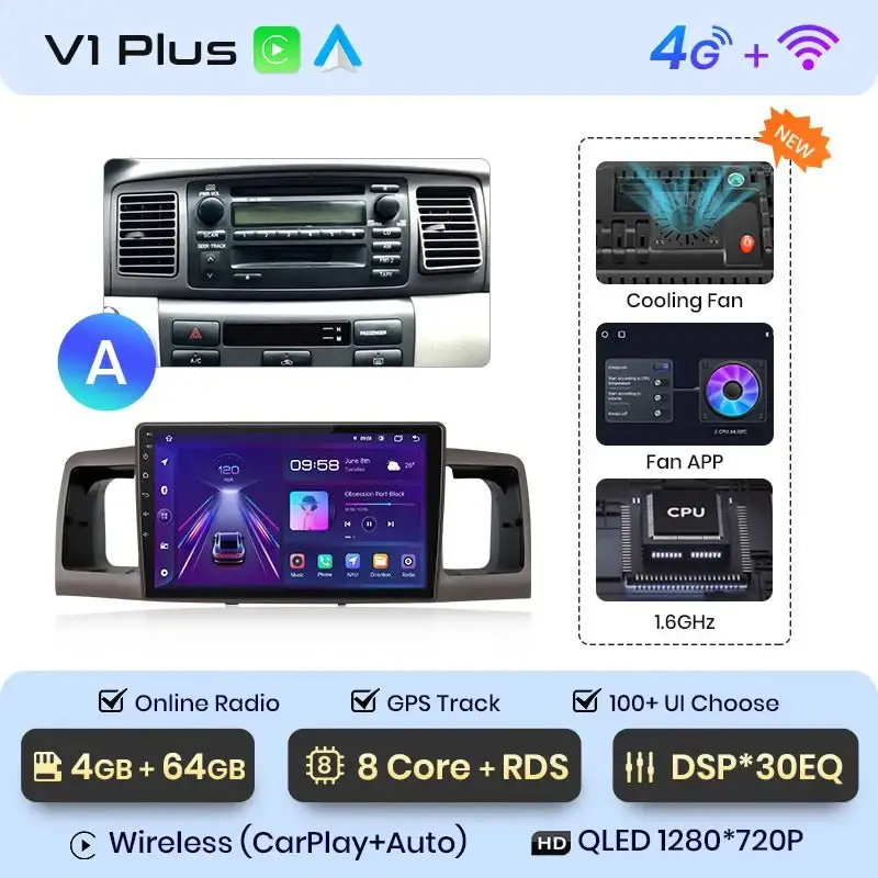 Radio Android do Toyota Corolla E120 E130 (2000-2004) CarPlay Android Auto 4G WiFi GPS DSP