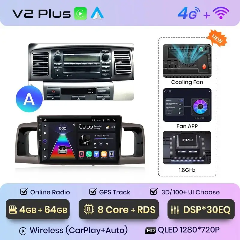 Radio Android do Toyota Corolla E120 E130 (2000-2004) CarPlay Android Auto 4G WiFi GPS DSP