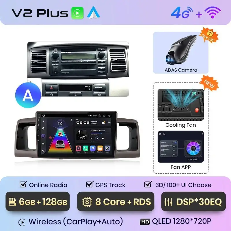 Radio Android do Toyota Corolla E120 E130 (2000-2004) CarPlay Android Auto 4G WiFi GPS DSP