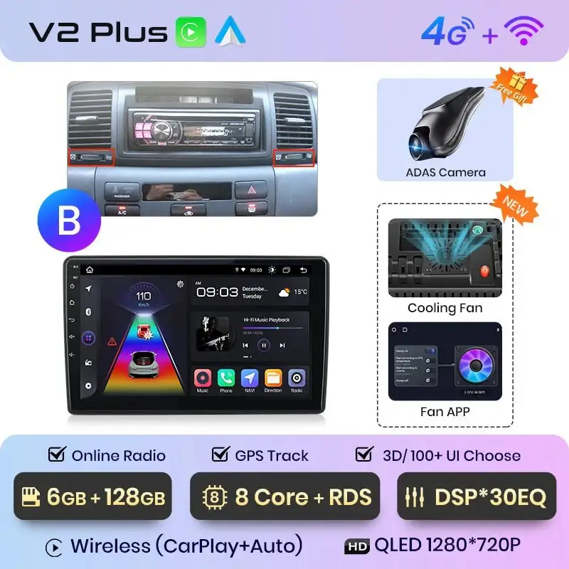Radio Android do Toyota Corolla E120 E130 (2000-2004) CarPlay Android Auto 4G WiFi GPS DSP