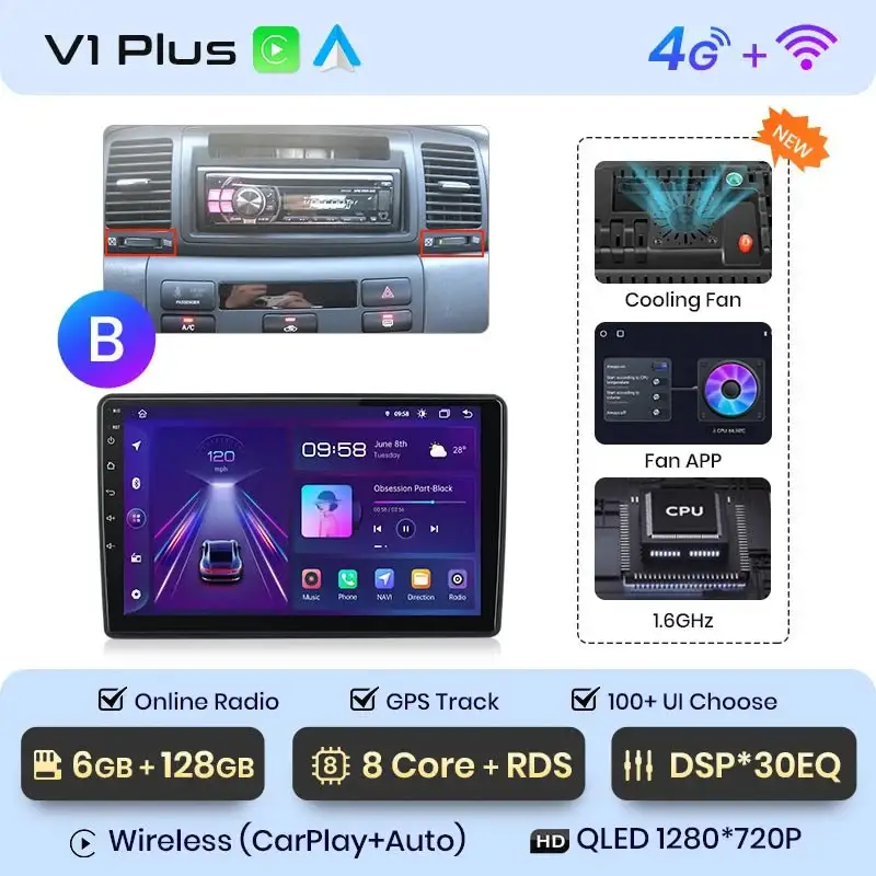 Radio Android do Toyota Corolla E120 E130 (2000-2004) CarPlay Android Auto 4G WiFi GPS DSP