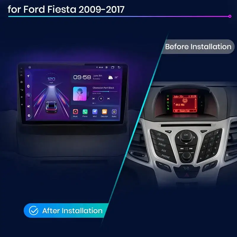 Radio Android do Ford Fiesta MK7 (2009-2017) CarPlay Android Auto 4G WiFi GPS DSP
