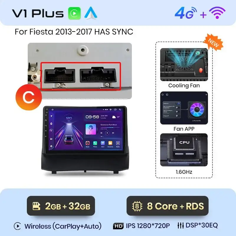 Radio Android do Ford Fiesta MK7 (2009-2017) CarPlay Android Auto 4G WiFi GPS DSP