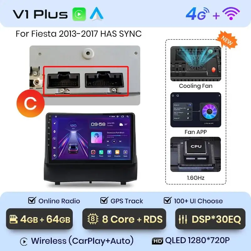 Radio Android do Ford Fiesta MK7 (2009-2017) CarPlay Android Auto 4G WiFi GPS DSP
