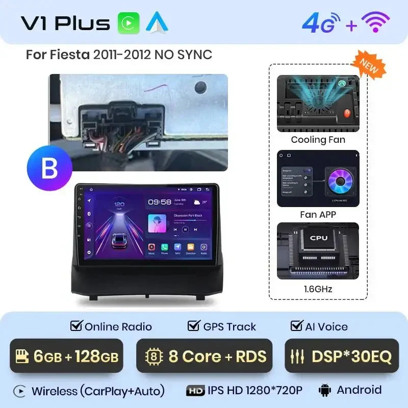 Radio Android do Ford Fiesta MK7 (2009-2017) CarPlay Android Auto 4G WiFi GPS DSP